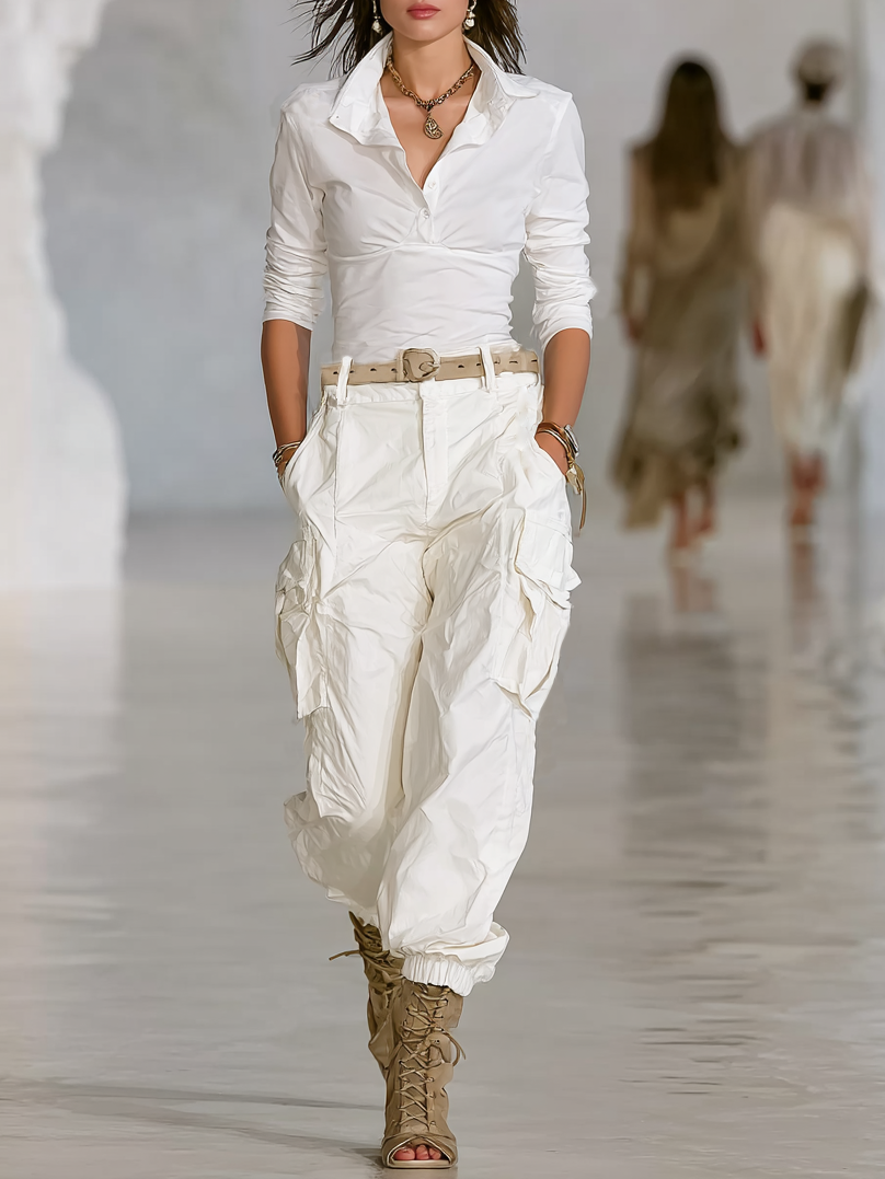 Women's All-white Long-sleeved Polo Shirt And Overalls Two-piece Set (belt Not Included)MDA3133G4Y