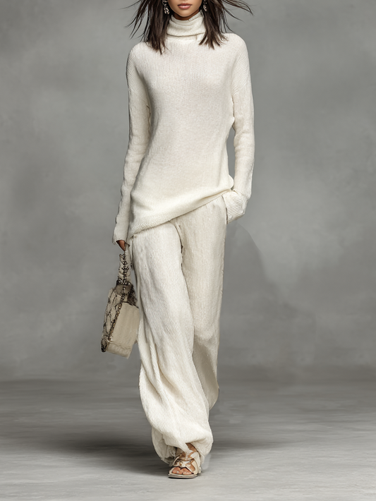Women's Solid Color Knitted Turtleneck Sweater And Trousers Set MDA1328H5Y