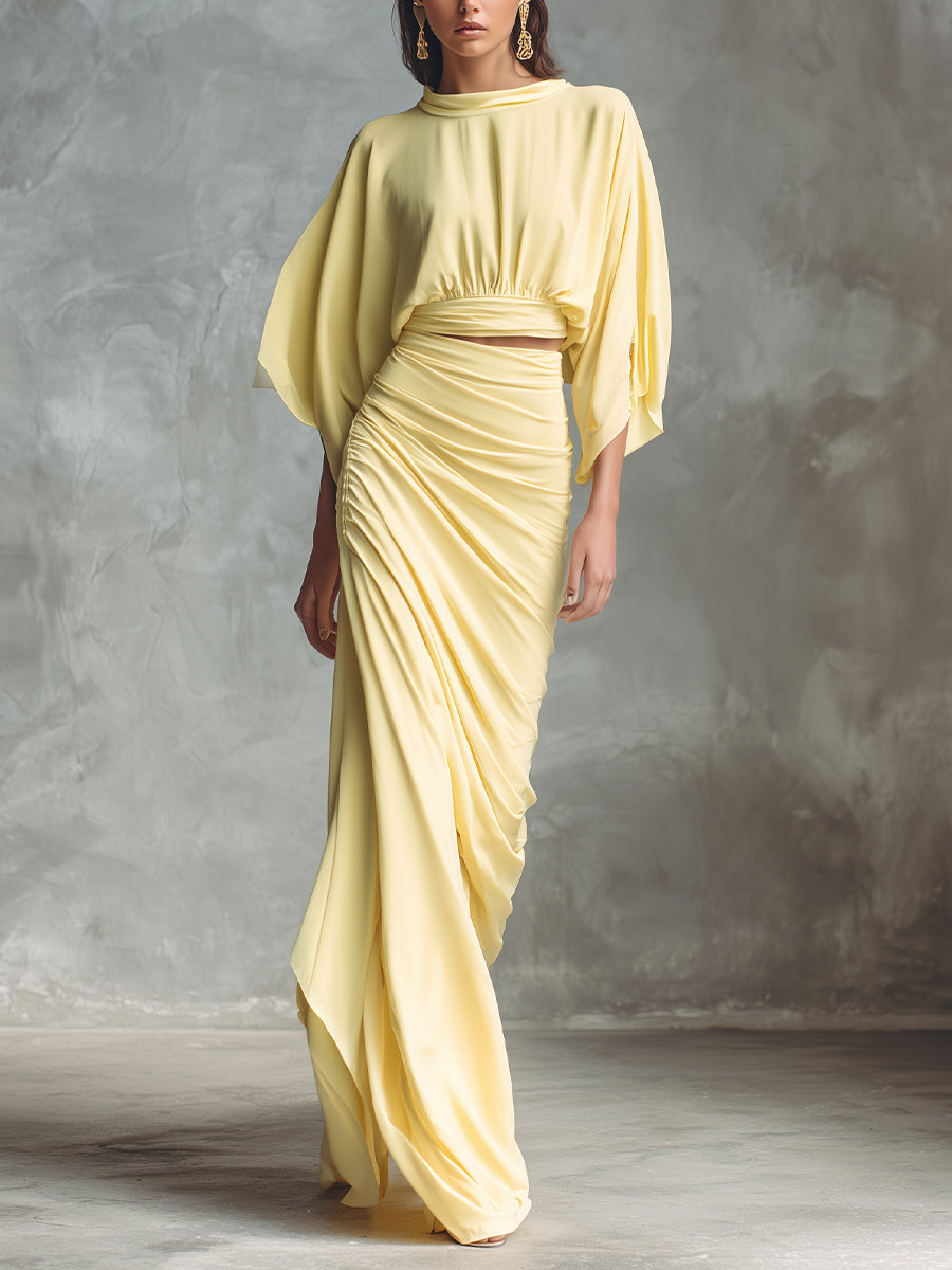 Women's Yellow Elegant Satin Ruched Batwing - Sleeve & Maxi Skirt Set MDA2089H1I