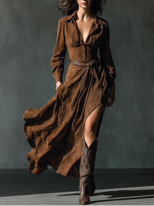 Women's Suede Brown Shirt Collar Maxi Dress MDA0152H3T