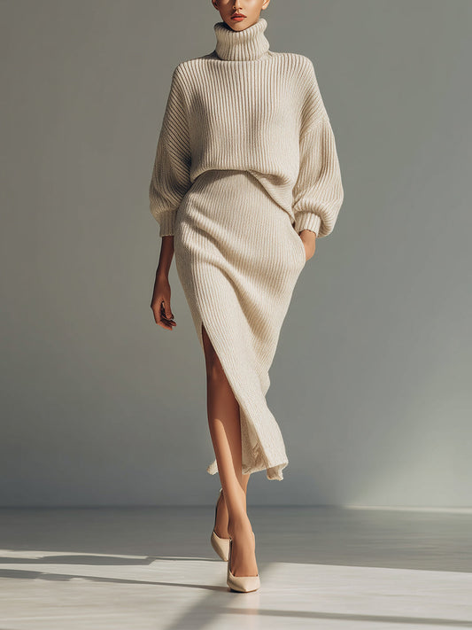 Women's Beige Elegant Rib - Knit Turtleneck Sweater & Slit Midi Skirt Set MDA1370H9I