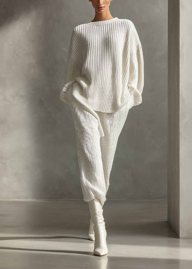 Women's White Minimalist Rib - Knit Oversized Sweater & Pants Set MDA1302H4I