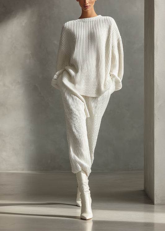 Women's White Minimalist Rib - Knit Oversized Sweater & Pants Set MDA1302H4I
