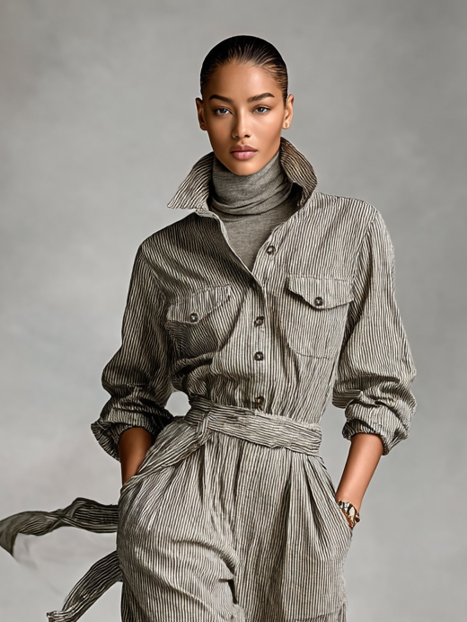 Women's Fashion Striped Lapel Long Sleeve Jumpsuit MDA3015G1Y