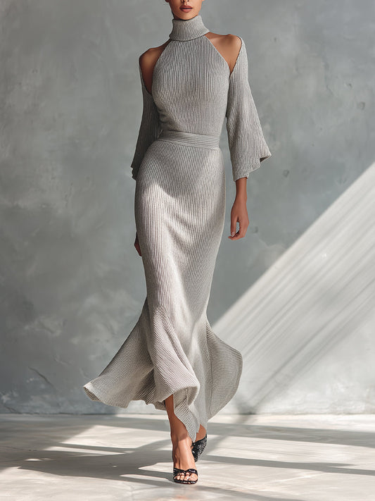 Women's Grey Elegant Ribbed Knit Cut - Out Shoulder Turtleneck Maxi Dress MDA1892H4I