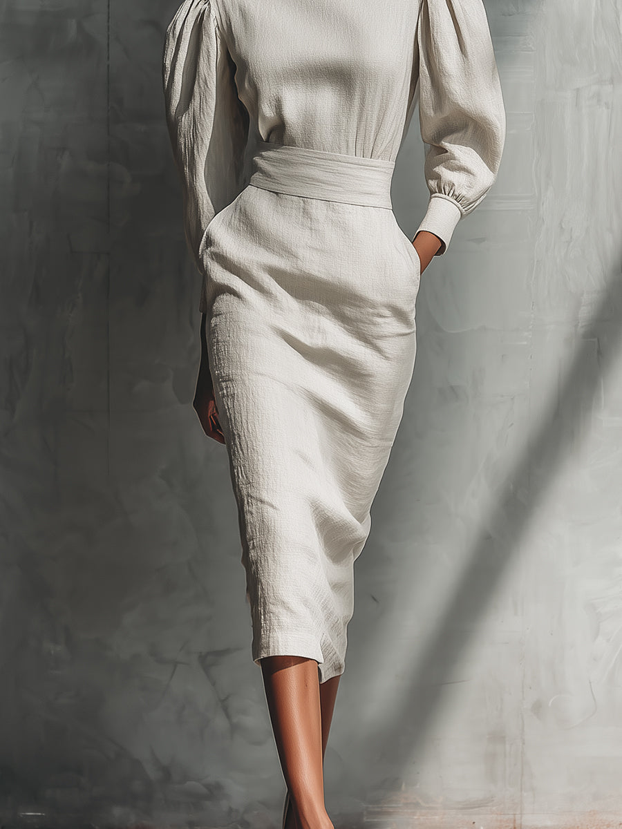 Women's Beige Elegant Linen Blended Puff - Sleeve Midi Dress MDA1860H7I