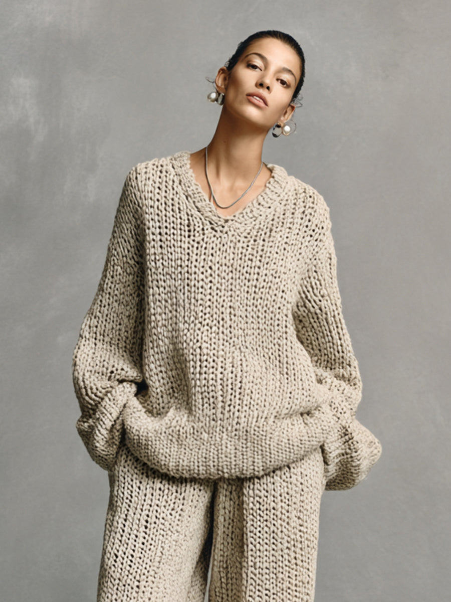 Women's Beige Casual Chunky - Knit Oversized Sweater & Pants Set MDA1448H2I