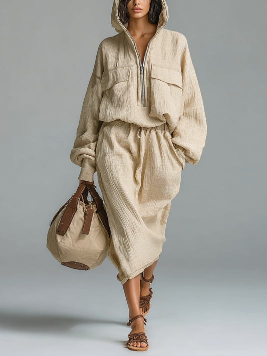 Women's Fashion Loose Cotton And Linen Blended Hooded Top And Skirt Set MDA1579H3Y