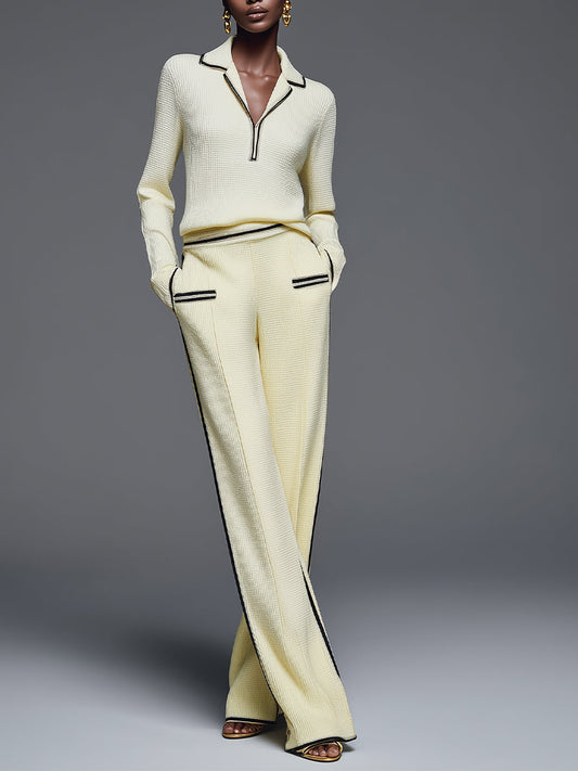 Women's Classy Knit Contrast - Trim Polo & Wide - Leg Pant Set MDA0416H8I