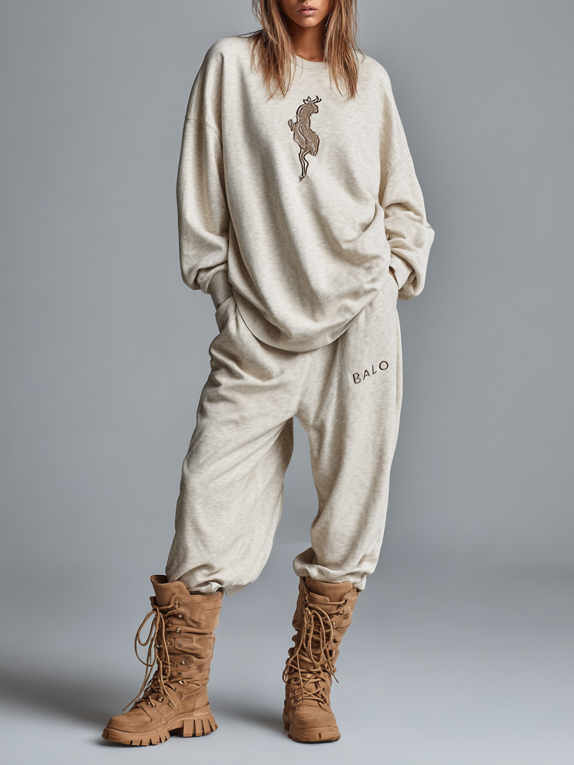 Women's Loose Letter Embroidered Round Neck Sweatshirt And Sweatpants Set MDA0740H9Y