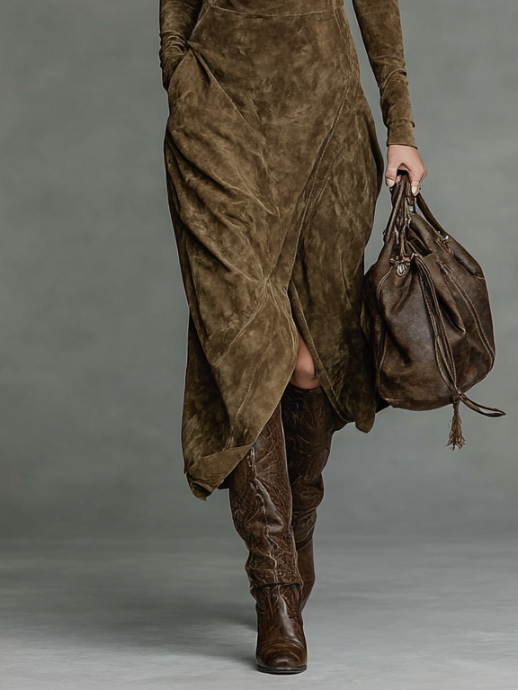 Women's Fashion Suede High Neck Long Sleeve Off-Shoulder Straight Midi Dress MDA1676H4Y