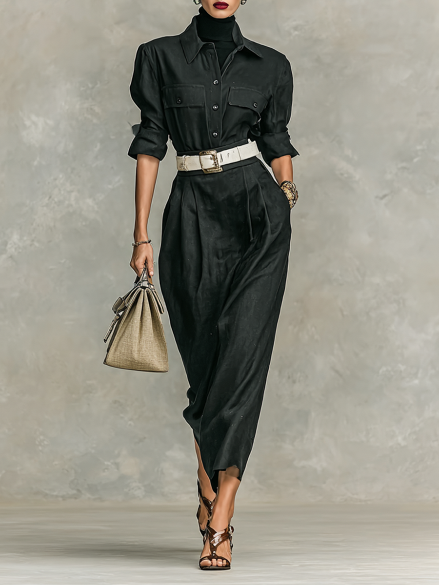 Women's Double Chest Pocket Lapel Long Sleeve Shirt Belt Midi Dress MDA2375G9Y
