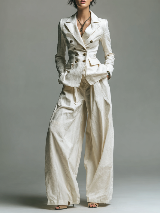 Women's Cotton And Linen Double-Breasted Blazer And Wide-Leg Pants Set MDA1869H6Y
