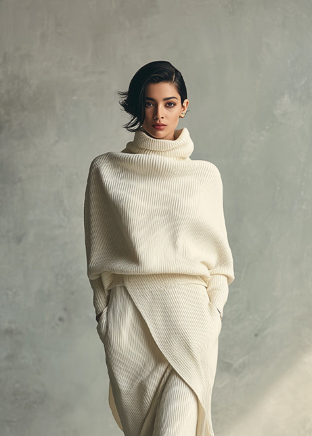 Women's Cream Elegant Rib - Knit Cowl Neck Wrap Skirt Set MDA1348H3I