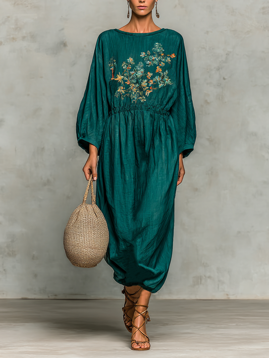 Women's Casual Floral Embroidered Round Neck Drawstring Maxi Dress MDA1513H8Y