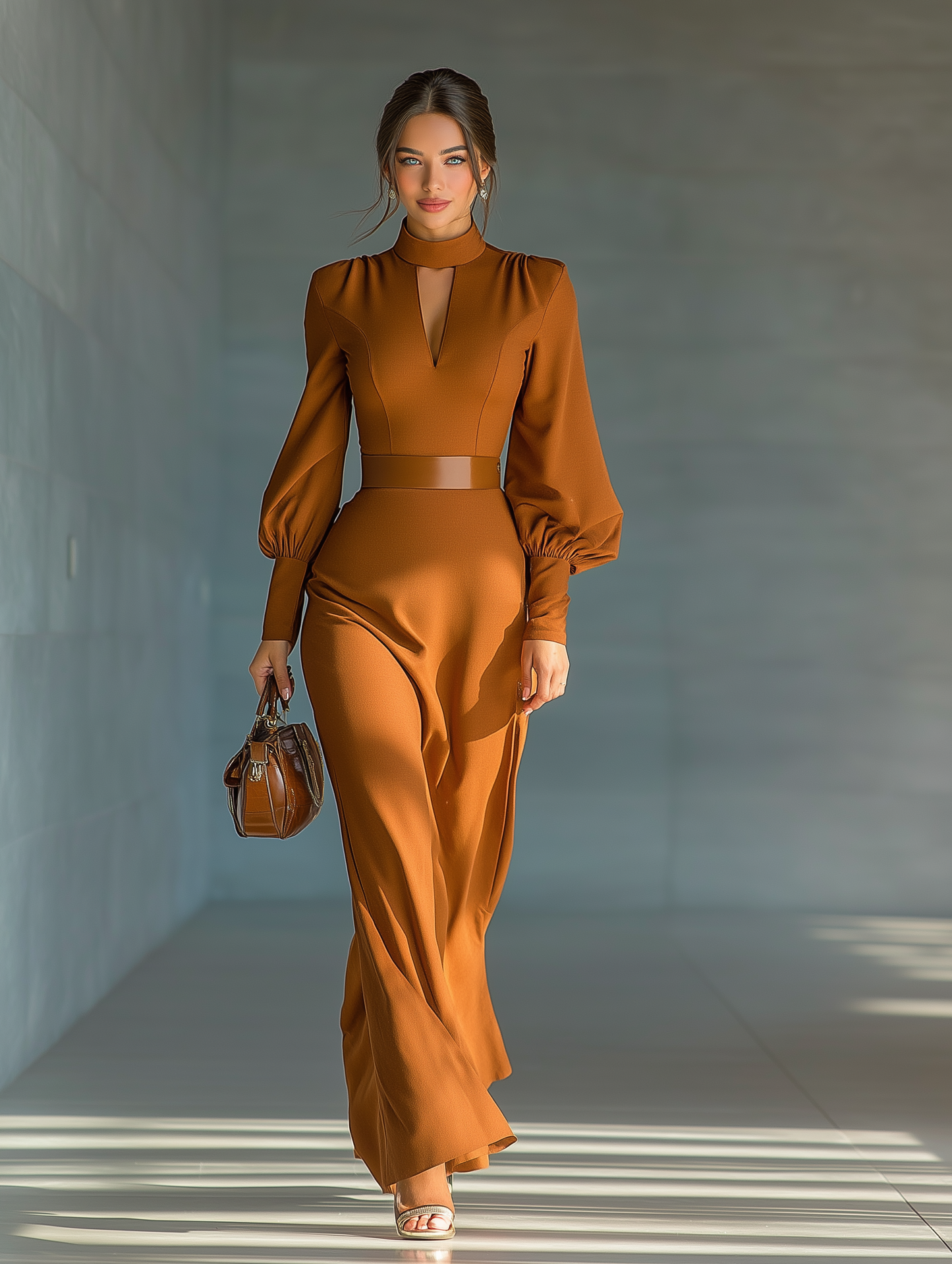 Women's Brown Stretch Blend Minimalist Fit Maxi Dress MDA0606H2T