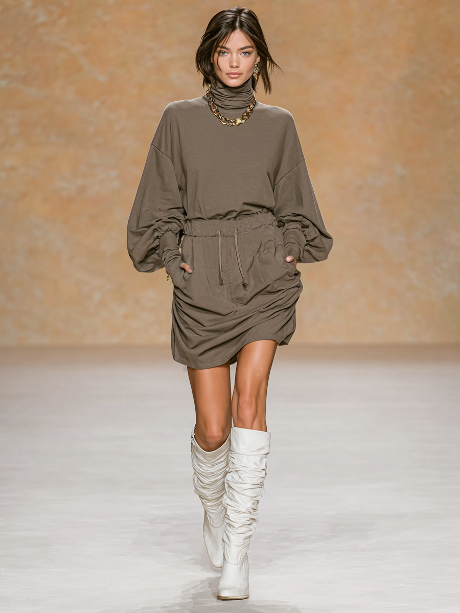 Women's Fashion Turtleneck Lantern Sleeve T-Shirt Mini Skirt Set MDA1284H8Y