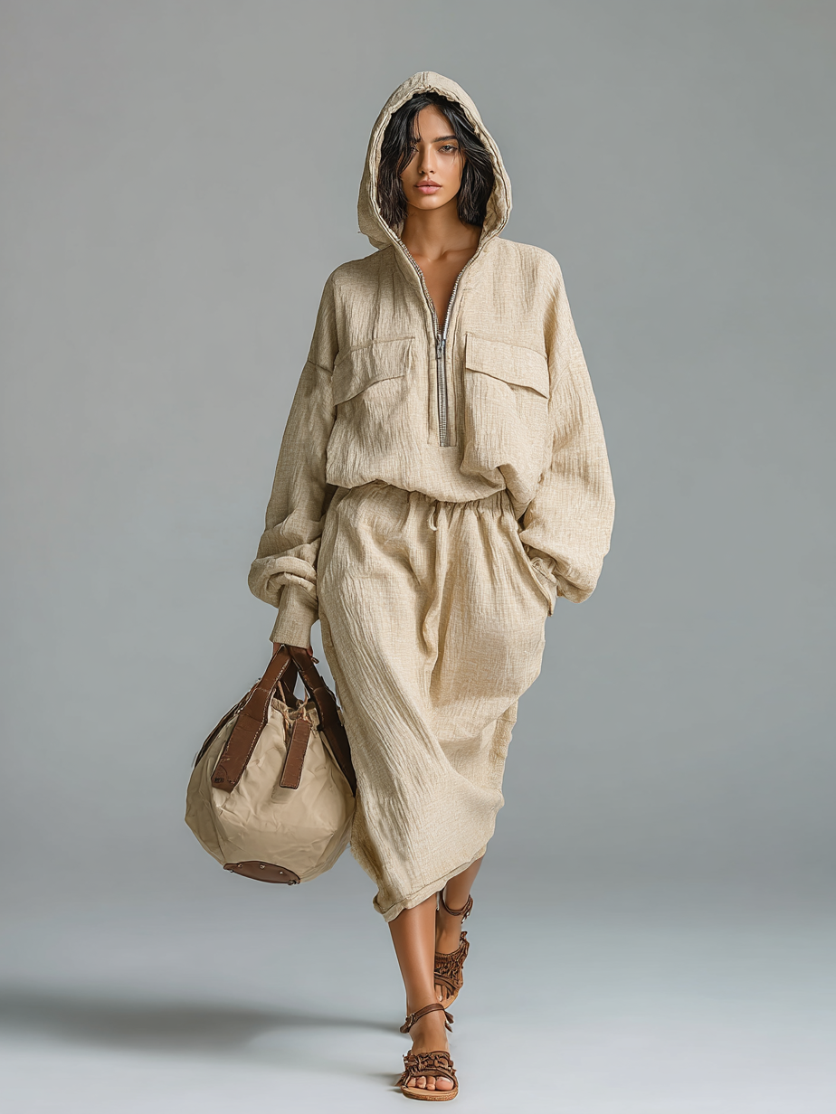 Women's Fashion Loose Cotton And Linen Blended Hooded Top And Skirt Set MDA1579H3Y