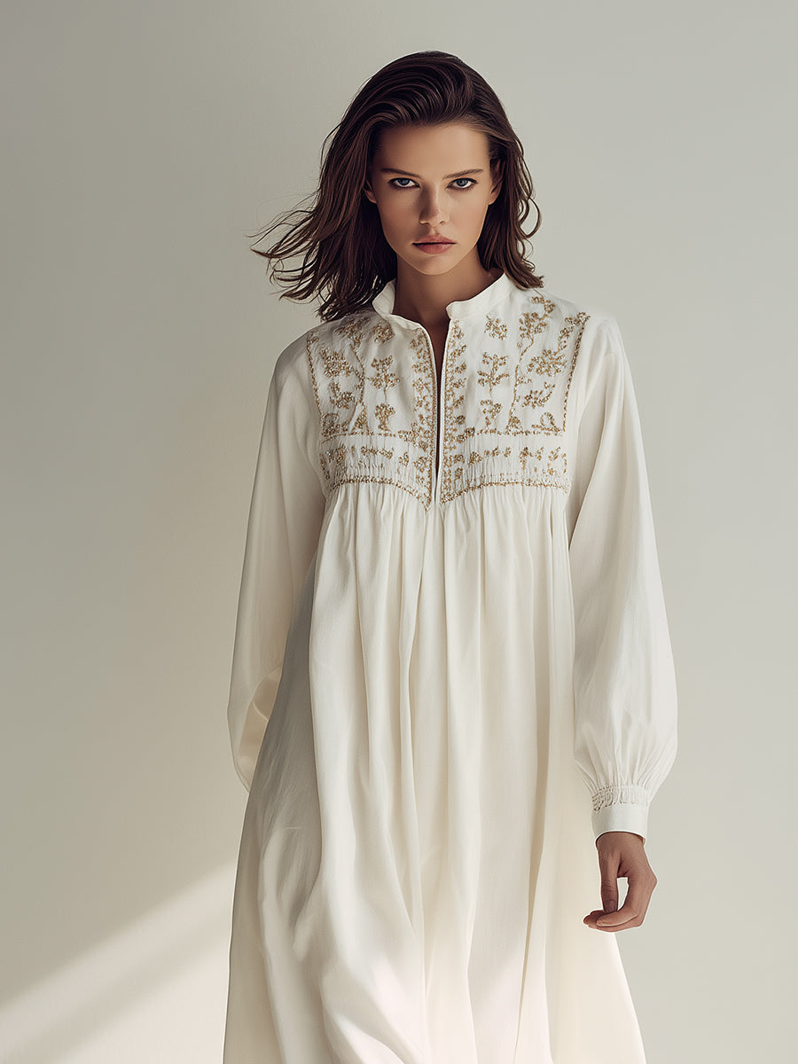 Women's White Chic Cotton Embroidered Long - Sleeve Midi Dress MDA1965H0I