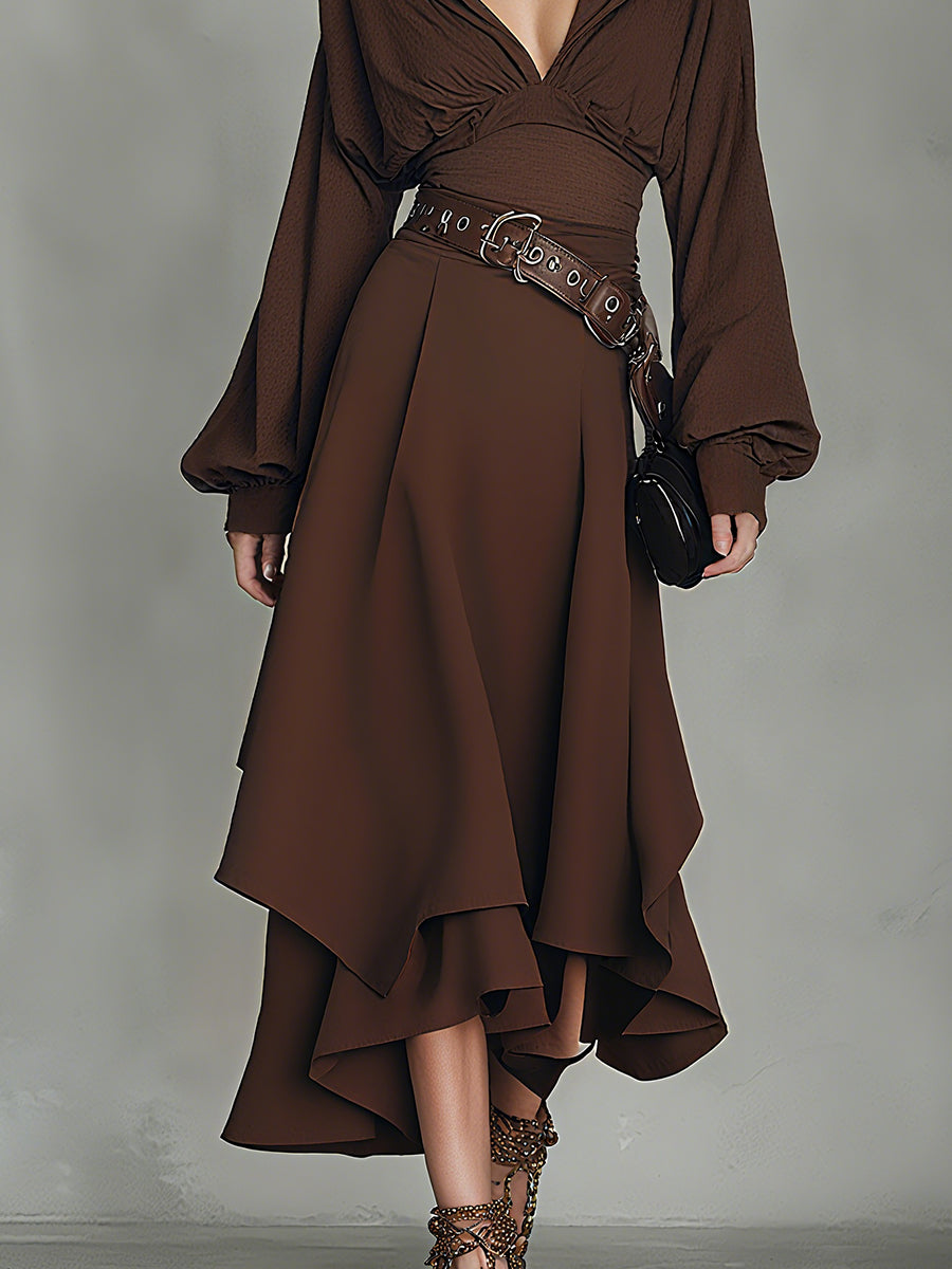 Women's Brown Bohemian Chiffon Hooded Asymmetric Midi Dress MDA1800H6I