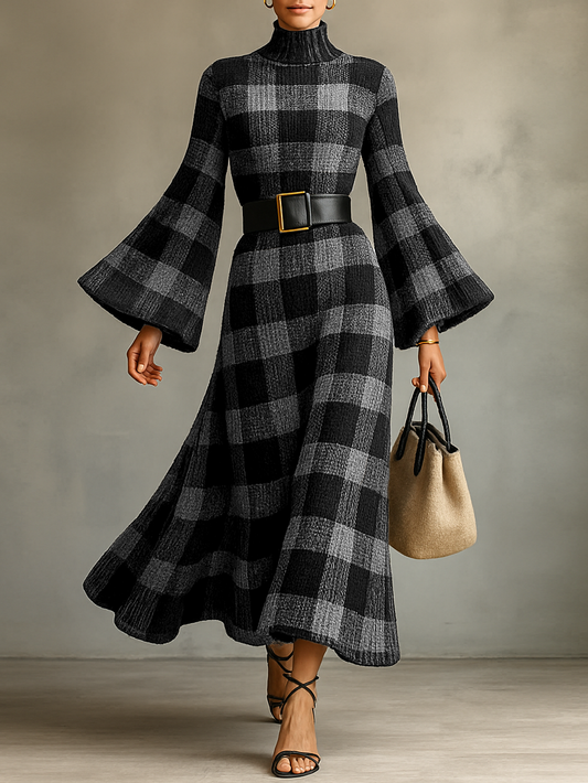 Women's Knitted Plaid Jacquard Turtleneck Flared Sleeve Maxi Dress MDA1276H5Y