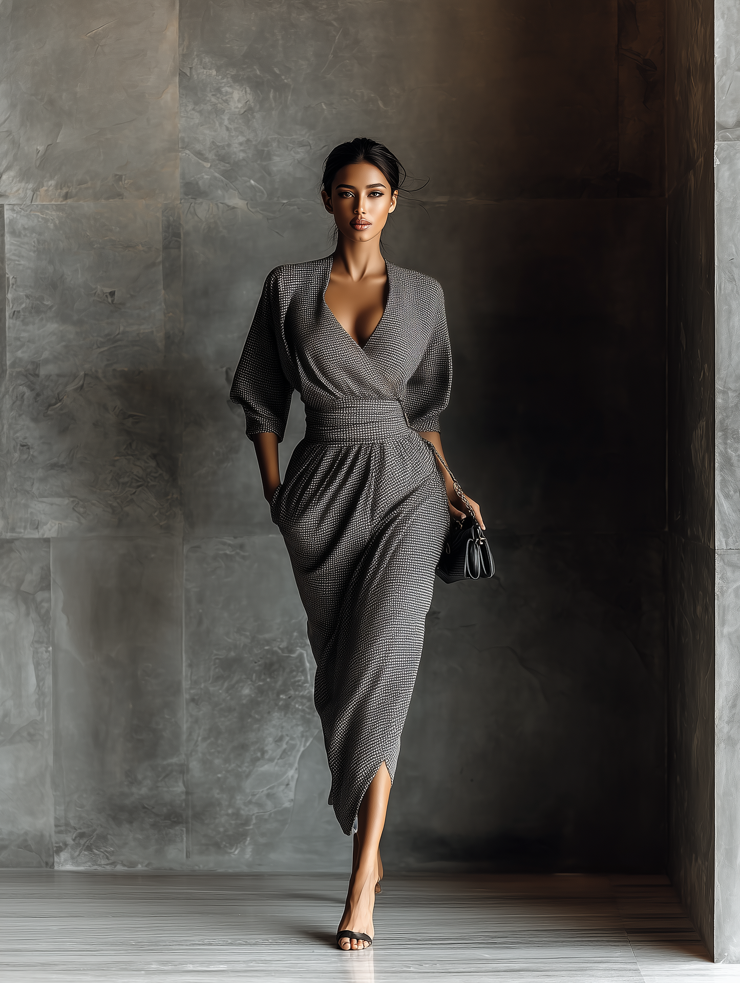 Women's Dark Gray Cotton And Linen Blend Plaid Long Sleeve Maxi Dress MDA0825H2T