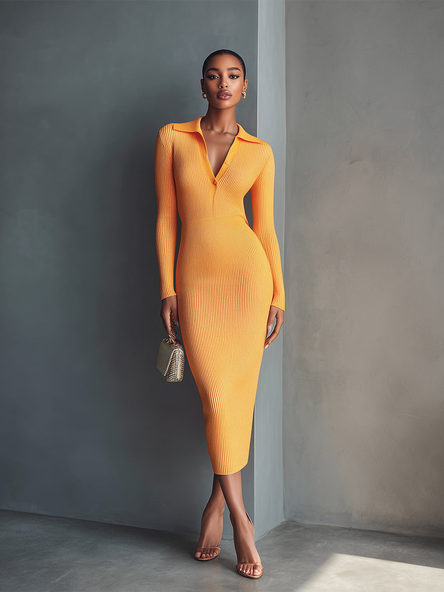 Women's Orange Chic Rib - Knit Polo - Neck Midi Dress MDA1133H5I