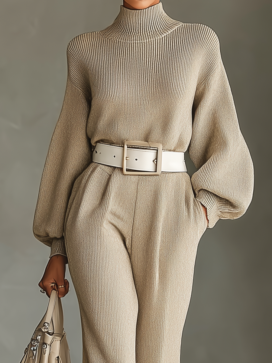 Women's Beige Elegant Casual Knitted Midi Dress (Without Belt) MDA1510H7T