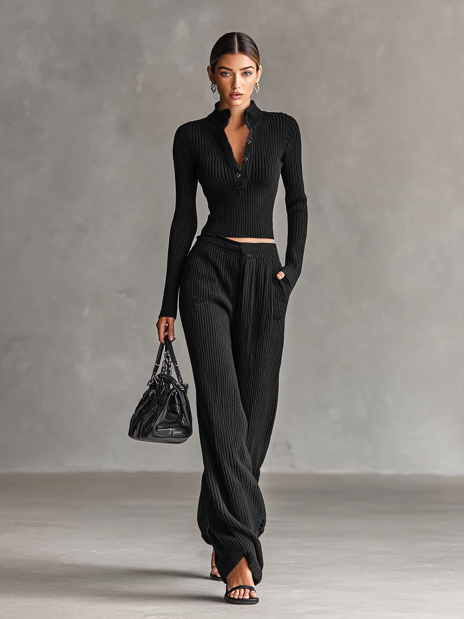 Women's All Black Tight Knitted Button Stand Collar Sweater Straight Pants Set MDA1525H4Y