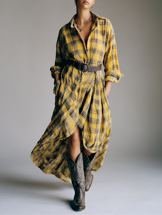 Women's Plaid Short Front And Long Back Shirt Maxi Dress(Belt Not Included) MDA1383H5Y