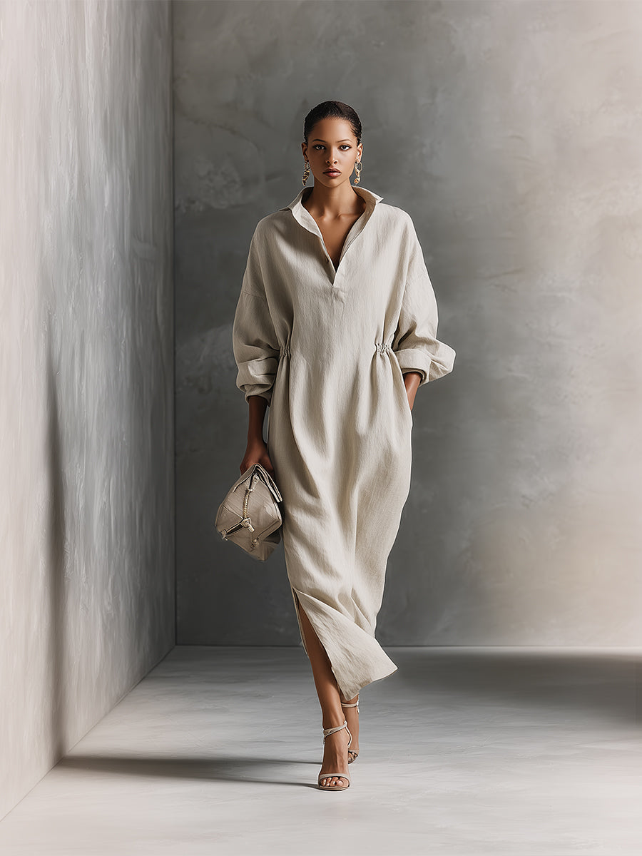 Women's Beige Relaxed Linen Drawstring - Detail Maxi Dress MDA1121H0I