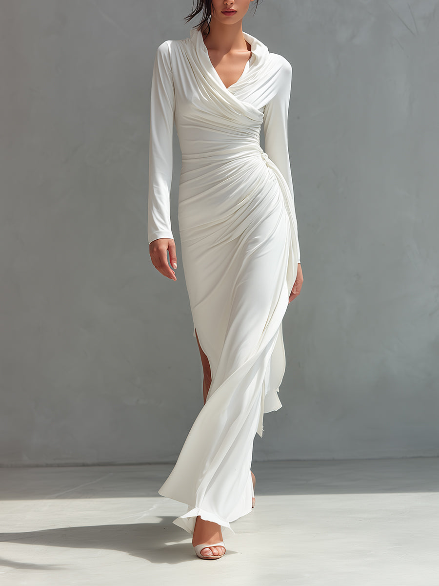Women's White Elegant Satin Draped Ruched Slit Maxi Dress MDA2002H0I