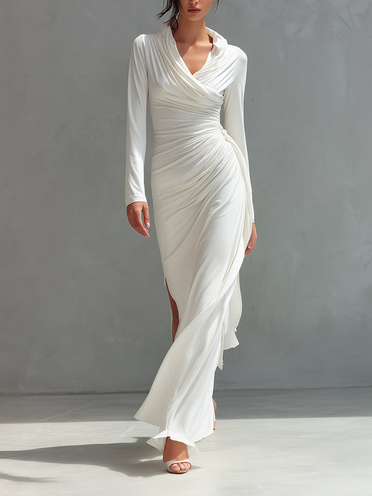 Women's White Elegant Satin Draped Ruched Slit Maxi Dress MDA2002H0I