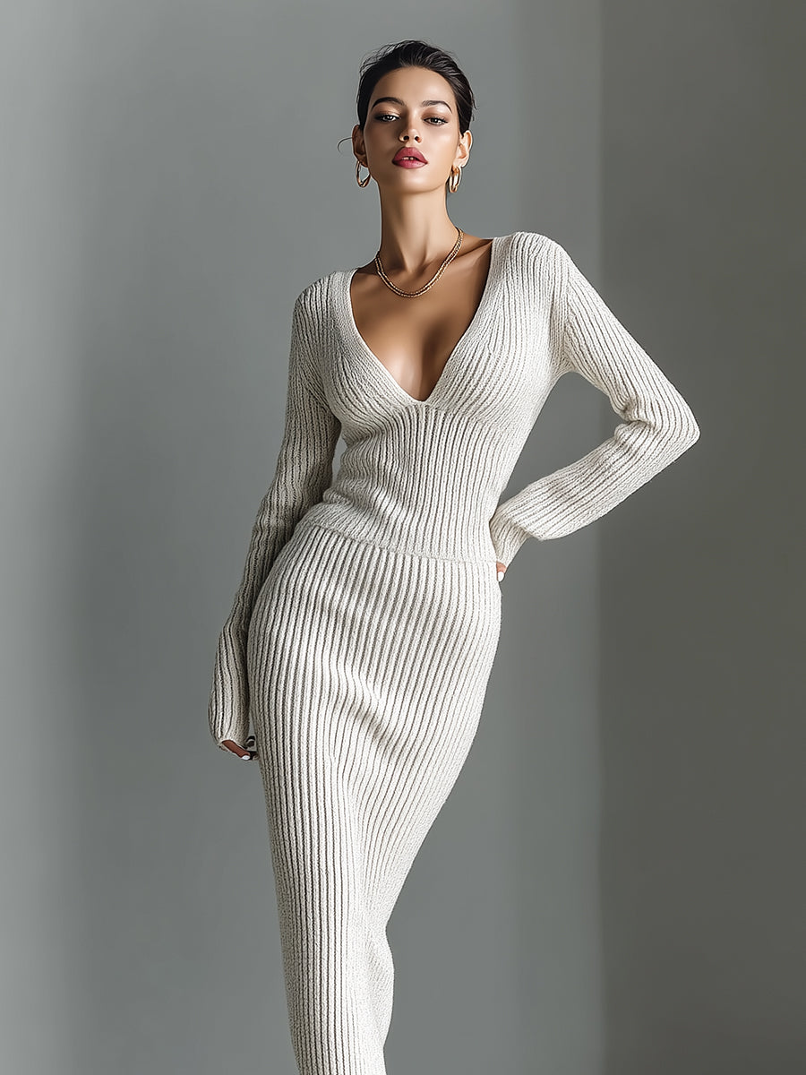 Women's White Elegant Rib - Knit Deep V - Neck Maxi Dress MDA1406H9I