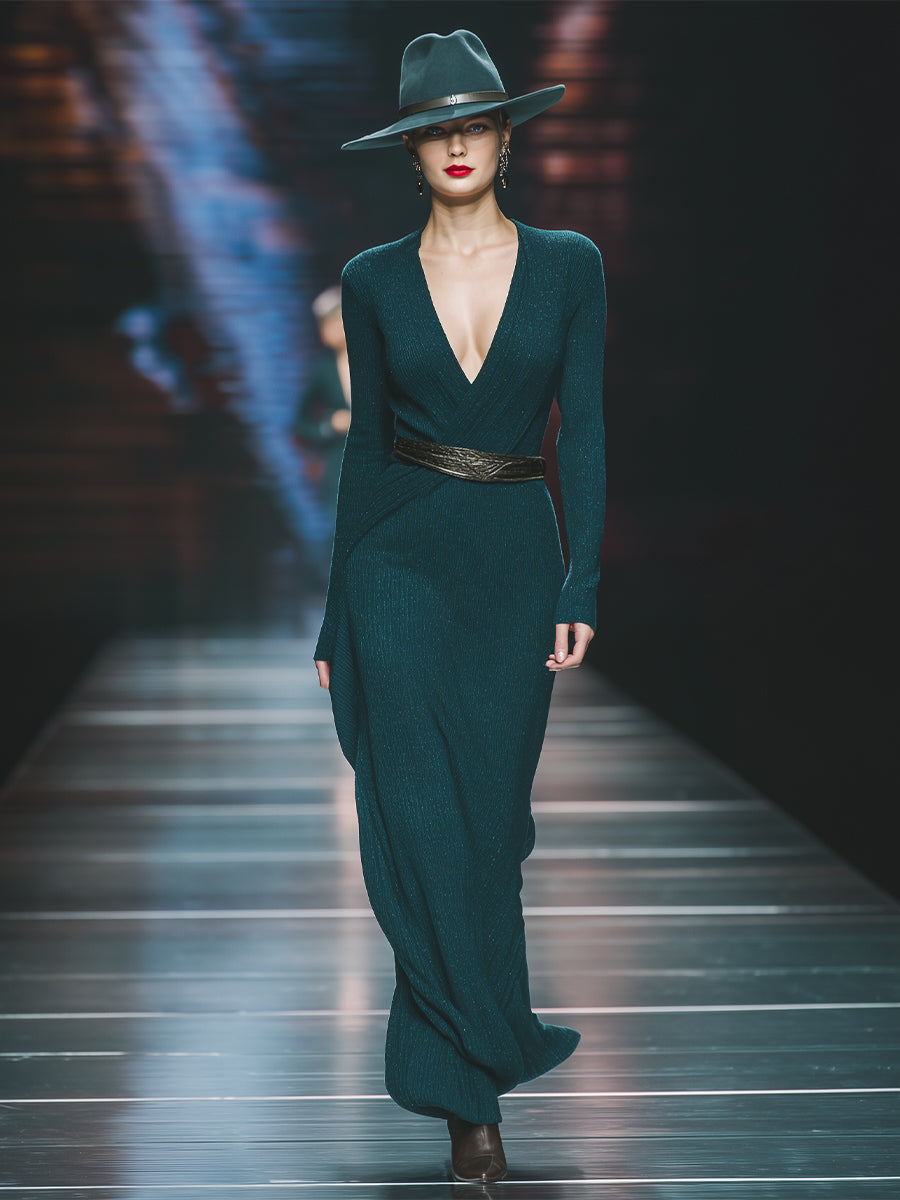 Women's Elegant Knit Deep - V Belted Maxi Dress (without belt) MDA0575H8I