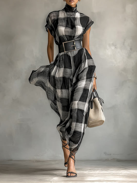 Women's Plaid Chiffon High Collar Short Sleeve Belt Maxi Dress MDA0575G6Y