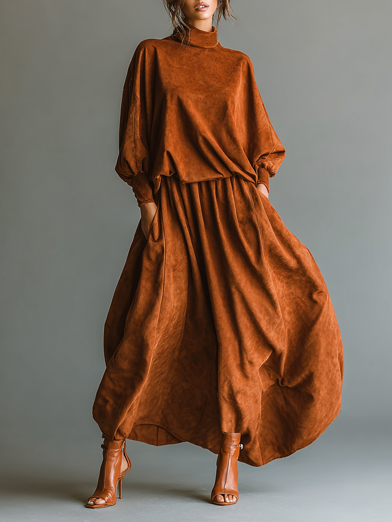 Women's Loose Suede Half-high Collar Top And Skirt Set MDA1313H5Y