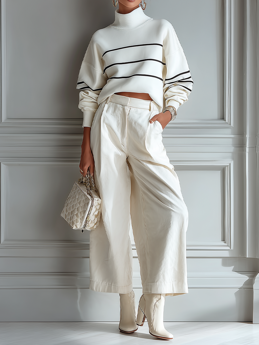 Women's White Knit Top Wide-Leg Pants Set MDA1304H1T