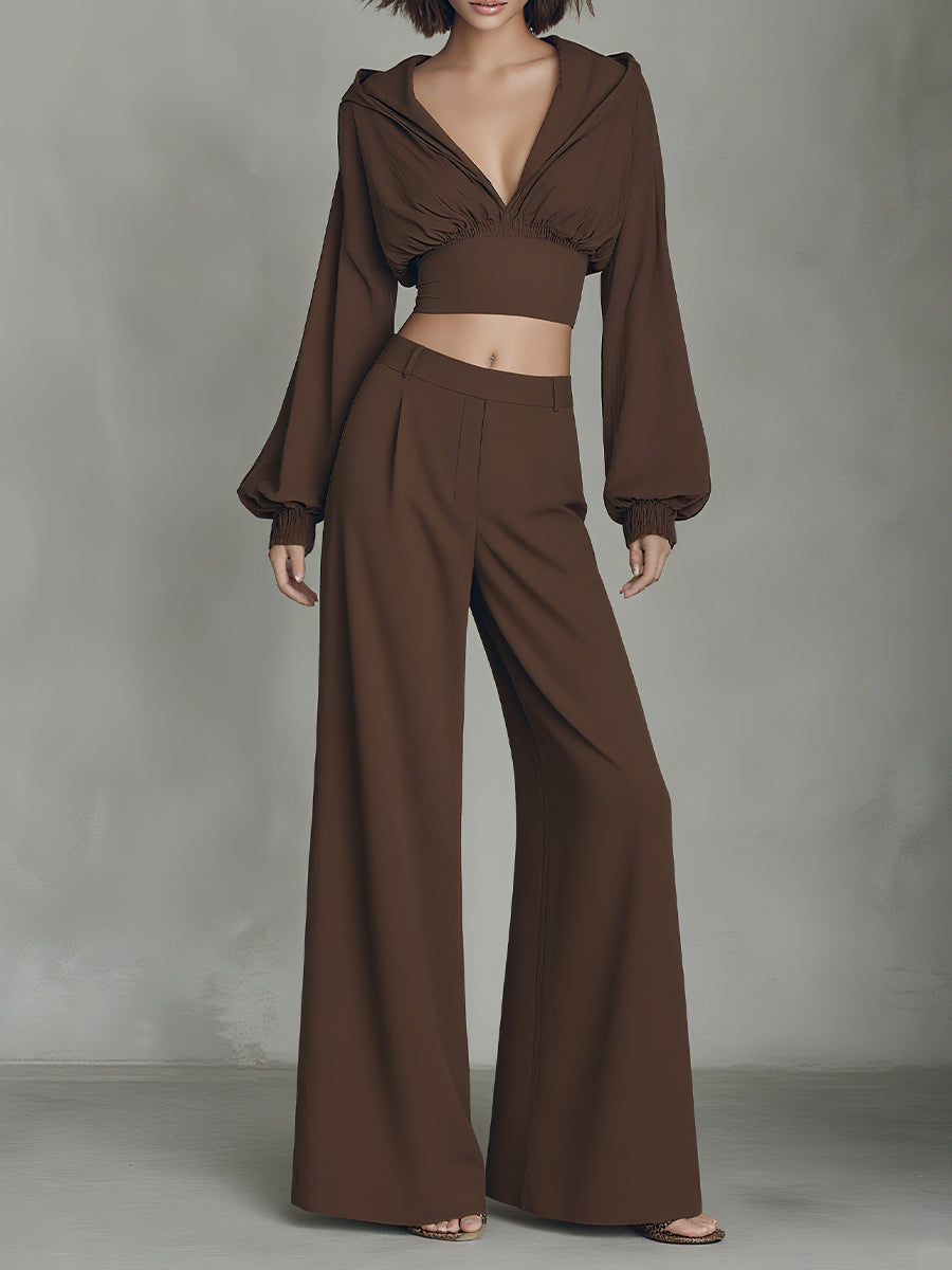 Women's Brown Elegant Crepe Puff - Sleeve Crop Top & Wide - Leg Pants Set MDA1964H8I