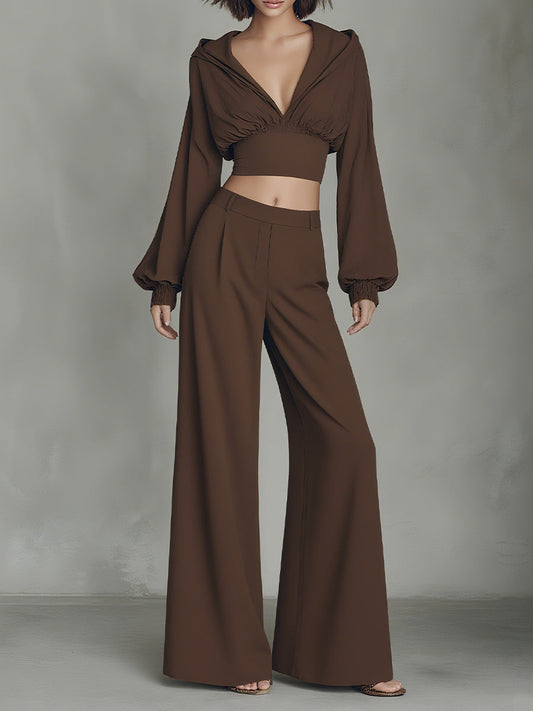 Women's Brown Elegant Crepe Puff - Sleeve Crop Top & Wide - Leg Pants Set MDA1964H8I