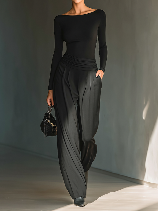 Women's Versatile Black Knit And Trousers Set MDA1458H9T