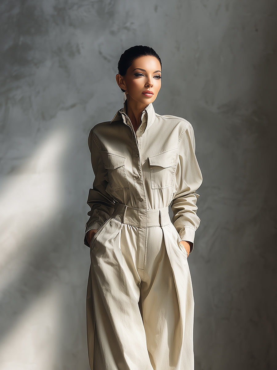 Women's Beige Elegant Cotton Blend Button - Front Wide - Leg Jumpsuit MDA2000H6I