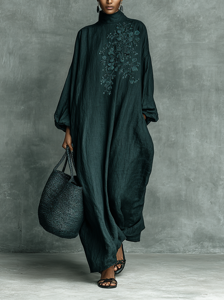 Women's Loose Cotton And Linen Blend Shoulder Embroidery Half-high Collar Long-sleeved Maxi Dress MDA1563H7Y