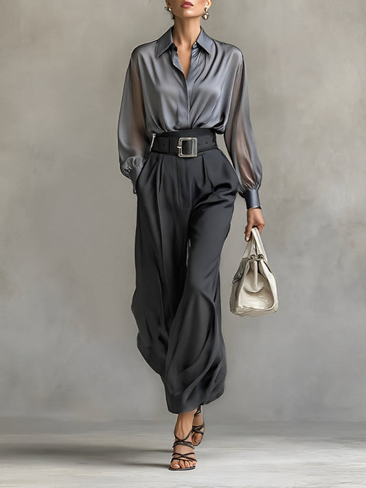 Women's Satin Chiffon Long Sleeve Shirt Wide Leg Pants Two-piece Set MDA1932G6Y