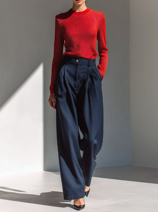 Women's Red & Navy Elegant Glitter - Knit Sweater & Pleated Wide - Leg Pants Set MDA1574H4I