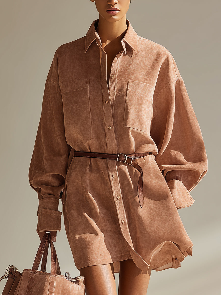 Women's Beige Elegant Suede Belted Oversized Shirt Mini Dress (Without Belt) MDA2229H6I