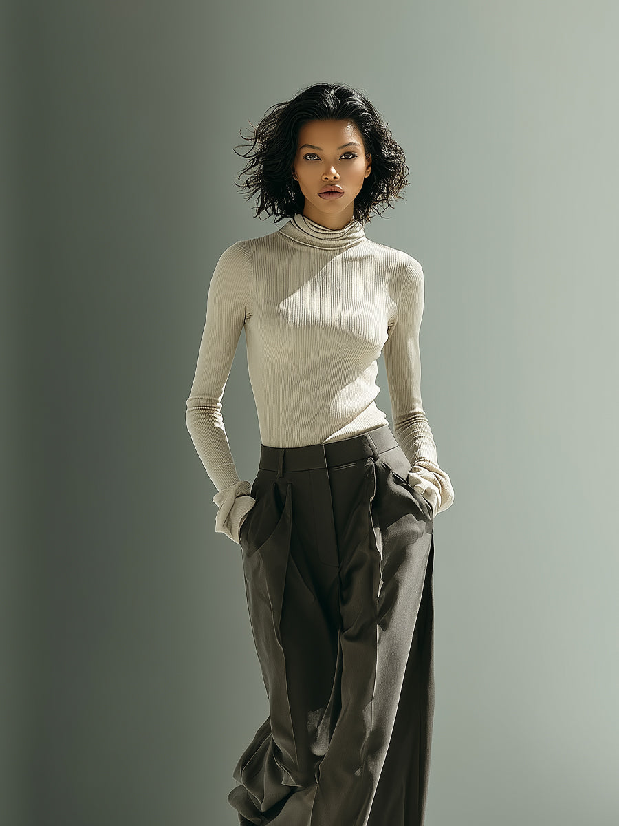 Women's Beige & Grey Elegant Rib - Knit Turtleneck Sweater & Pleated Wide - Leg Pants Set MDA1655H4I