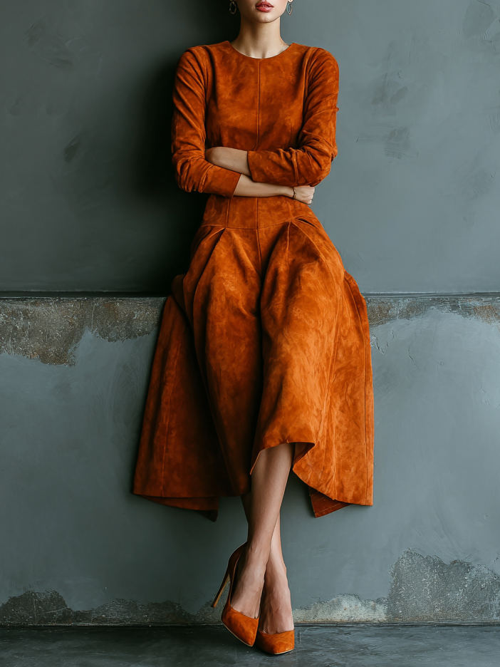 Women's Fashion Suede Round Neck Long Sleeve Midi Dress MDA1485H9Y