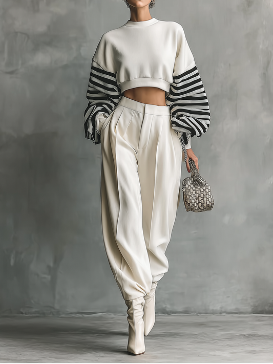 Women's White Knitted Top And Wide-leg Pants Set MDA1505H9T