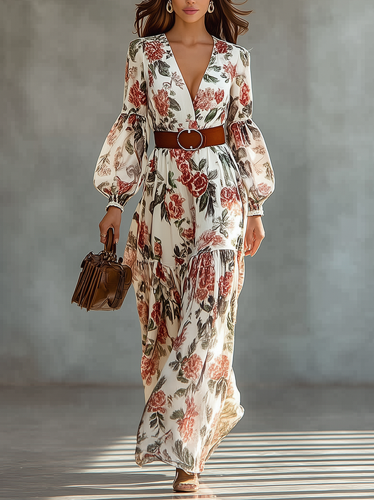 Women's White Blend Printed V-Neck Maxi Dress MDA0670H7T